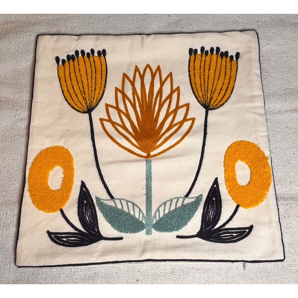 Embroidered Floral Pillow Cover Mustard Navy Sage Boho Folk Art 18x18